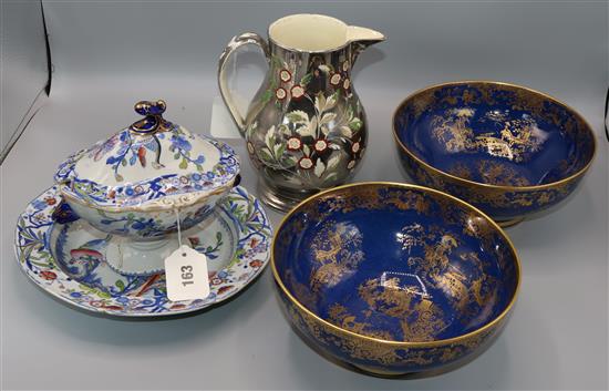2 Copeland Spode blue/gilt Chinoiserie fruit bowls, a Masons Ironstone Oriental tureen and bowl & a silver lustre jug